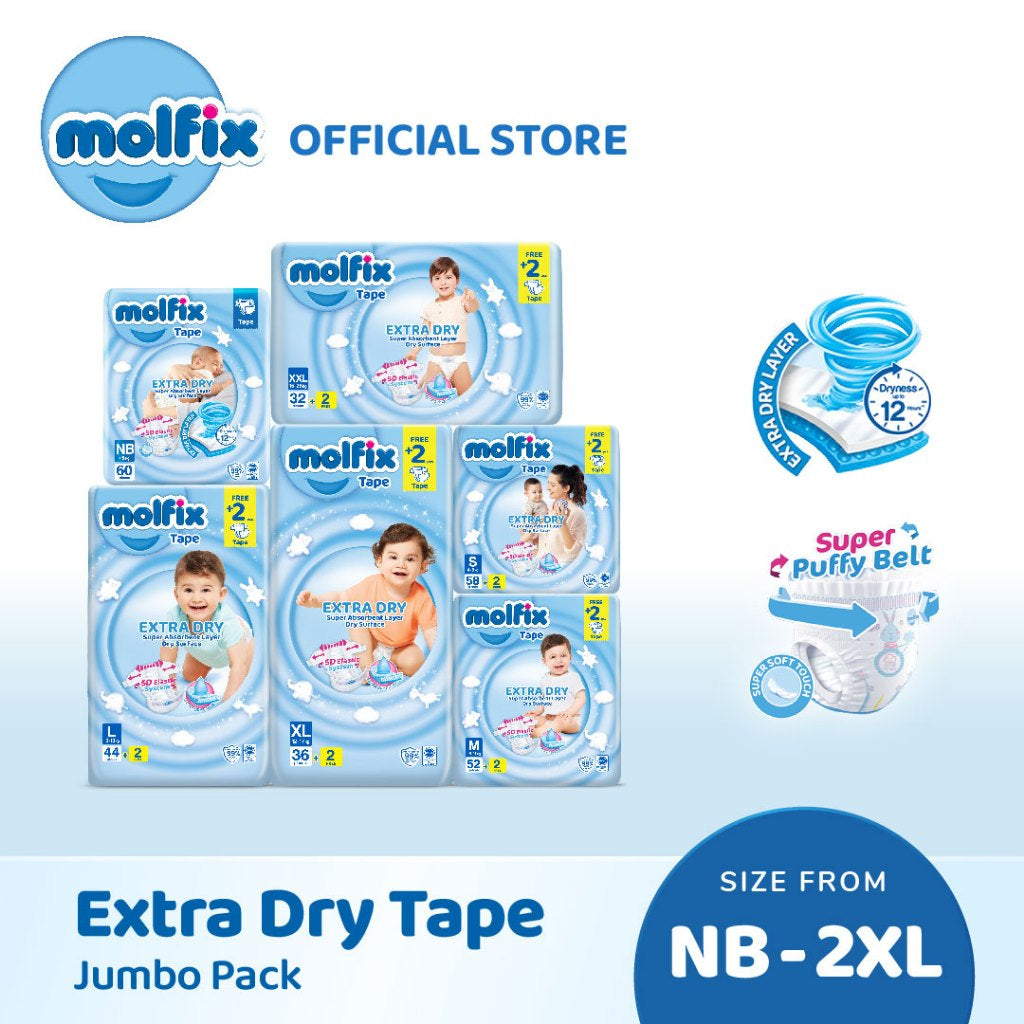 Molfix Extra Dry Tape Jumbo Pack - NB60 / S60 / M54 / L46 / XL38 / XXL34 (1 Pack)