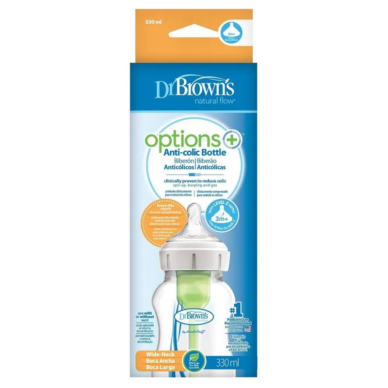 Dr.Brown's 11OZ/330ML PP WIDE-NECK "OPTIONS+" BOTTLE WITH LVL 2 NIPPLE, 1-PACK