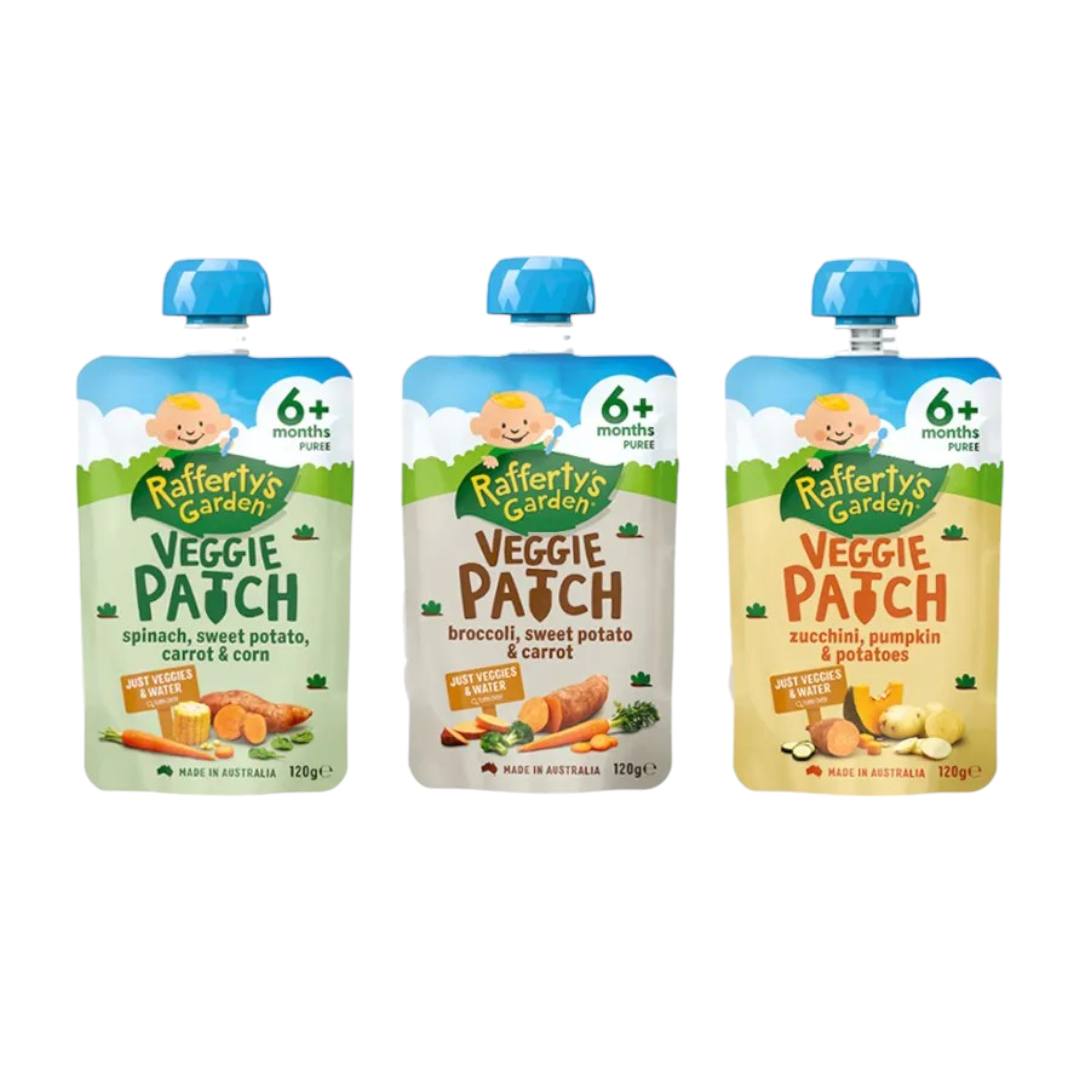 Rafferty's Garden Veggie Patch 120g - Spinach Sweet Potato Carrot & Corn / Broccoli Sweet Potato & Carrot / Zucchini Pumpkin & Potatoes