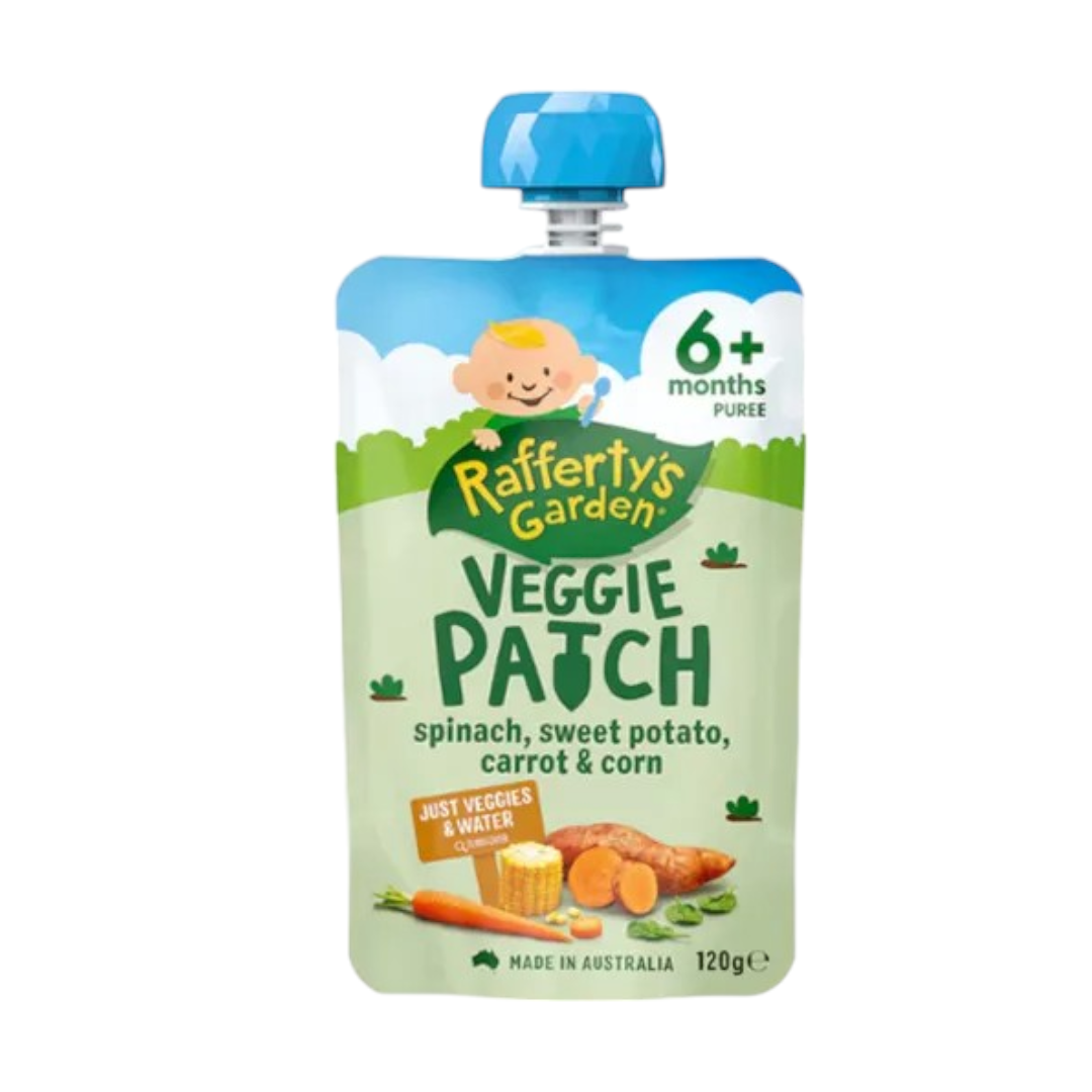 Rafferty's Garden Veggie Patch 120g - Spinach Sweet Potato Carrot & Corn / Broccoli Sweet Potato & Carrot / Zucchini Pumpkin & Potatoes