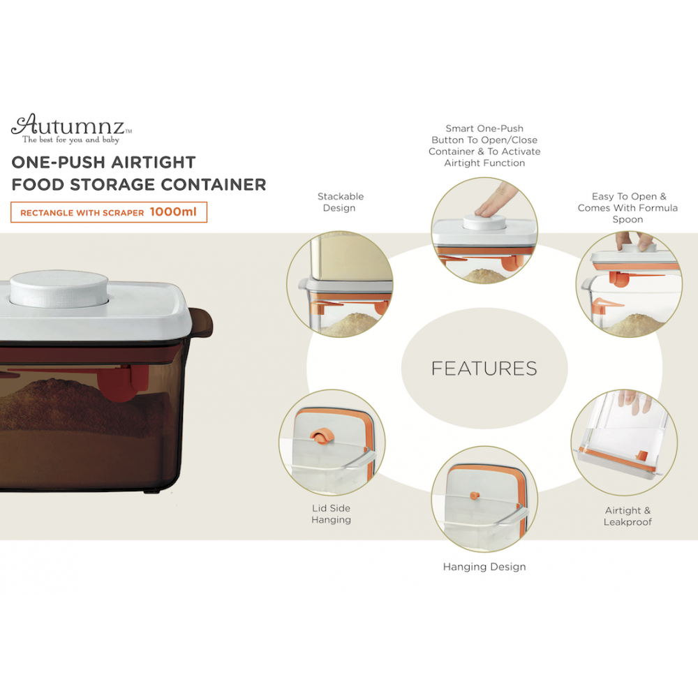 Autumnz - One-Push Airtight Food Storage Container 1000ml/300g (Tinted Brown Rectangle With Spoon & Scraper)