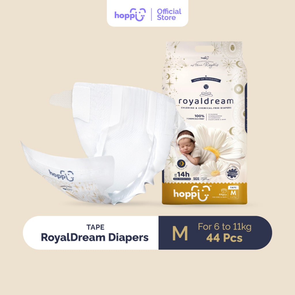 Hoppi RoyalDream Baby Diaper Tape NB66/S56/M44/L40 (1 Pack) 100% Chemicals-Free