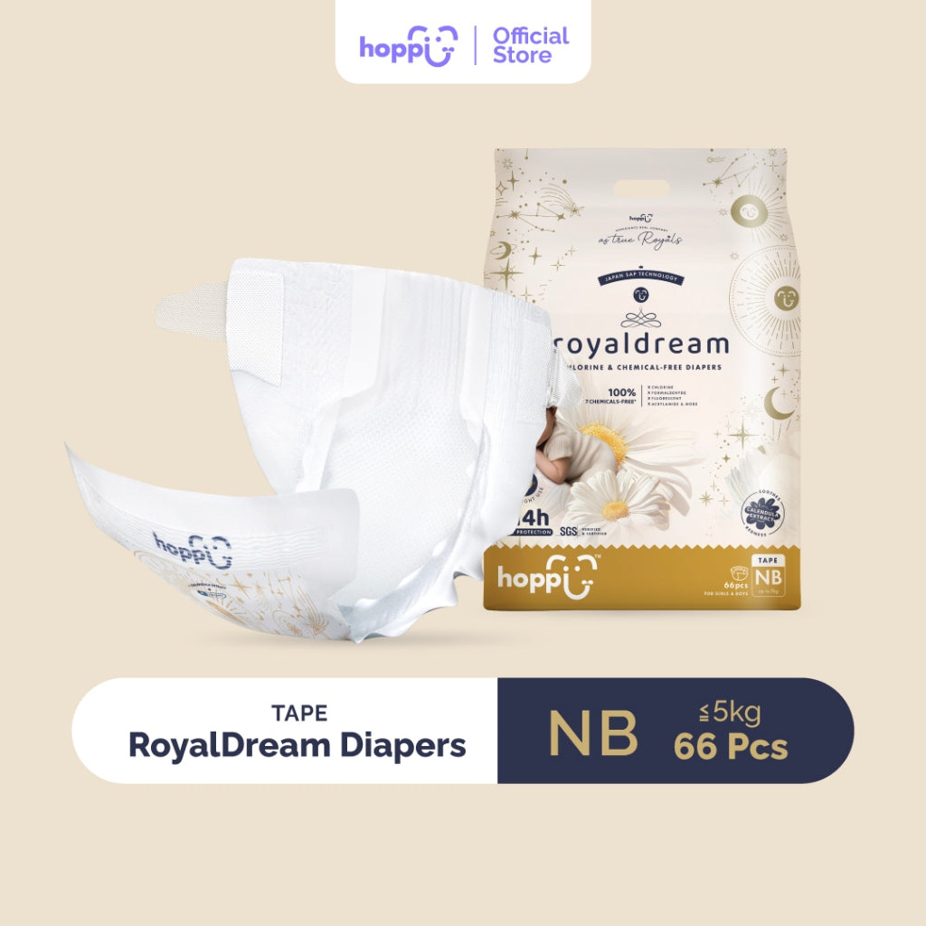 Hoppi RoyalDream Baby Diaper Tape NB66/S56/M44/L40 (1 Pack) 100% Chemicals-Free