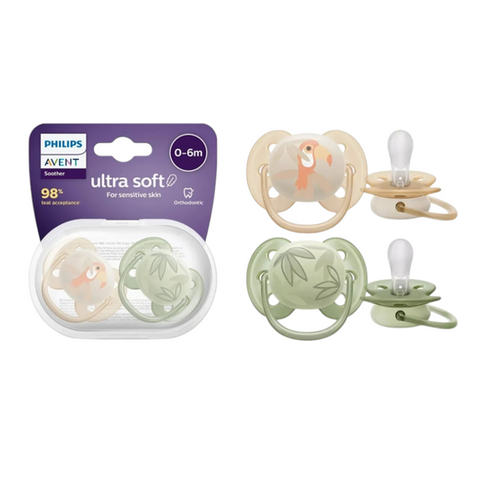 Philips Avent Ultra Soft Air Soother Pacifier 0-6m Carry Case [Twin Pack] Parrot Palm Leaf