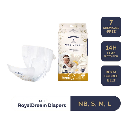 Hoppi RoyalDream Baby Diaper Tape NB66/S56/M44/L40 (1 Pack) 100% Chemicals-Free