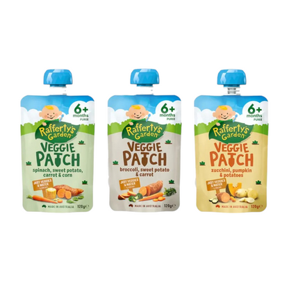 Rafferty's Garden Veggie Patch 120g - Spinach Sweet Potato Carrot & Corn / Broccoli Sweet Potato & Carrot / Zucchini Pumpkin & Potatoes