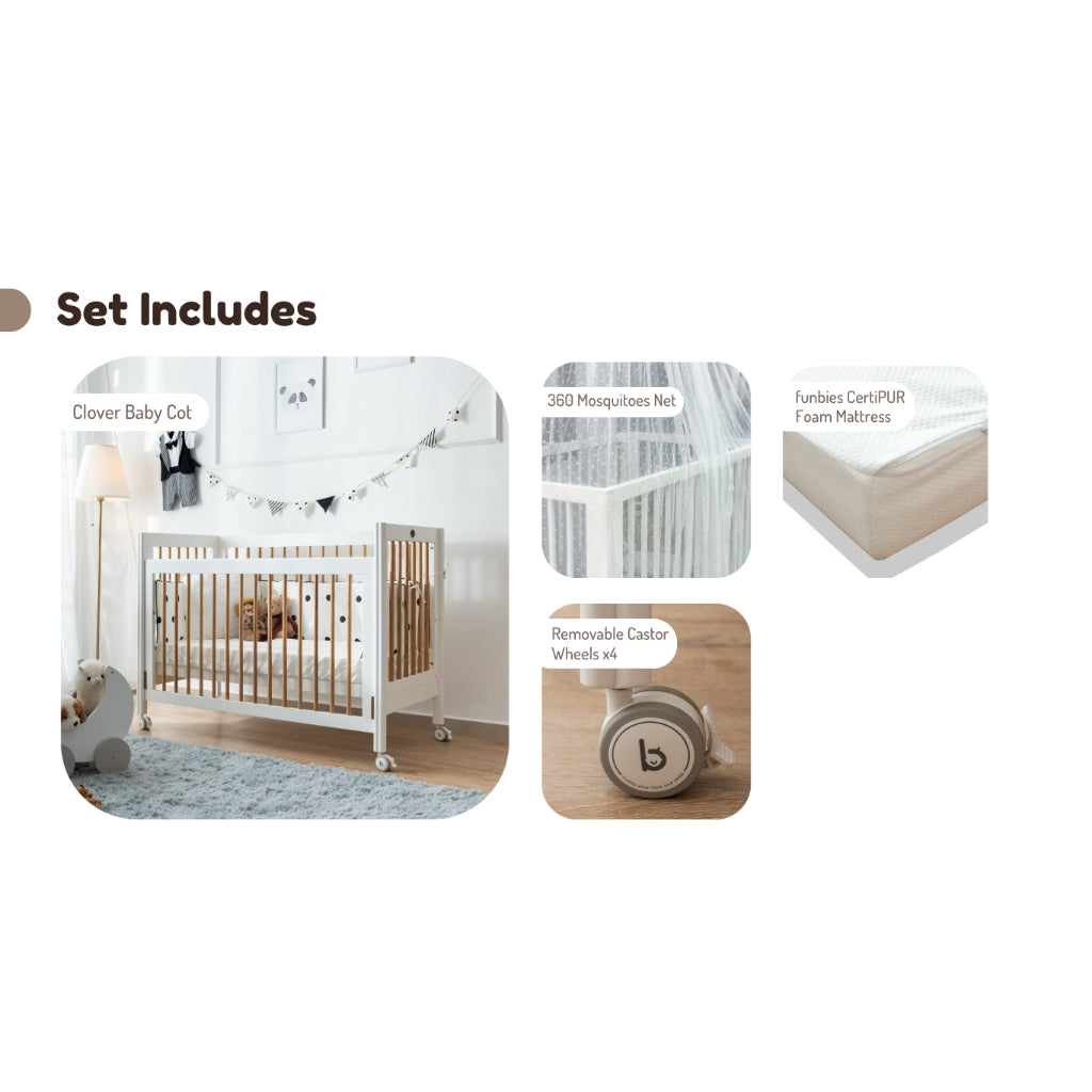 Funbies Clover 3in1 Baby Cot Set (White)