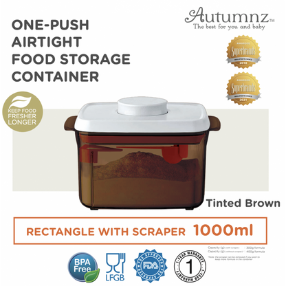 Autumnz - One-Push Airtight Food Storage Container 1000ml/300g (Tinted Brown Rectangle With Spoon & Scraper)