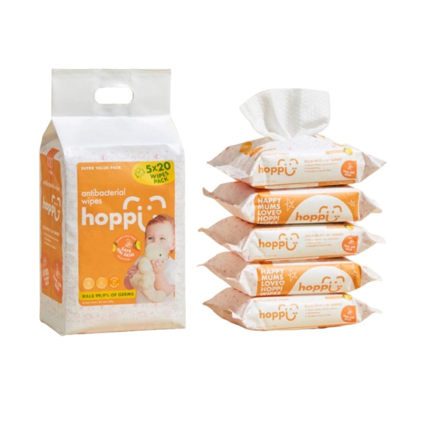 Hoppi 20 Sheets 5-In-1 Bundle Pack Antibacterial Wet Wipes HA1100