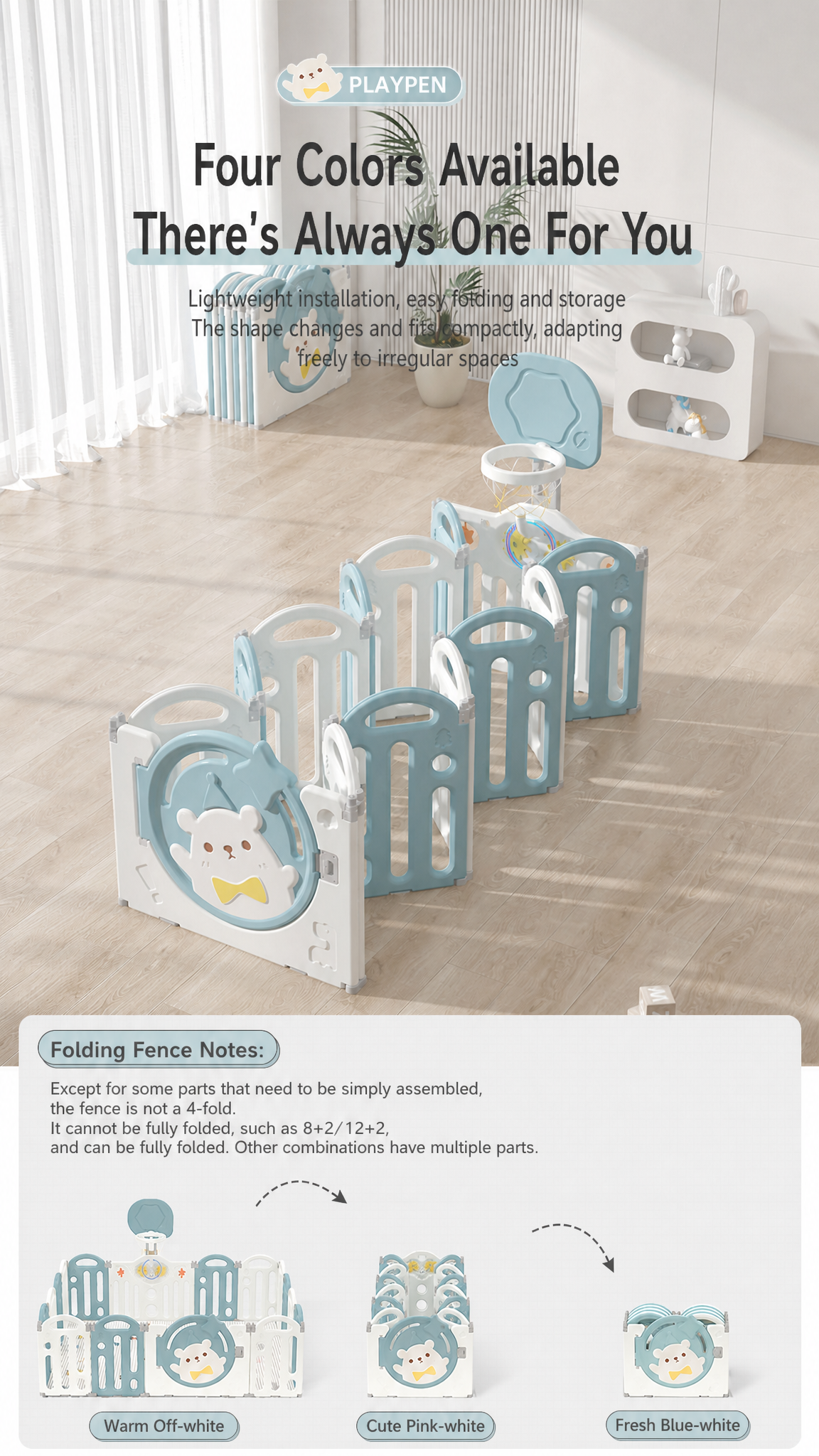 Happy Bear Foldable Baby Playpen & Safety Fence 12+2