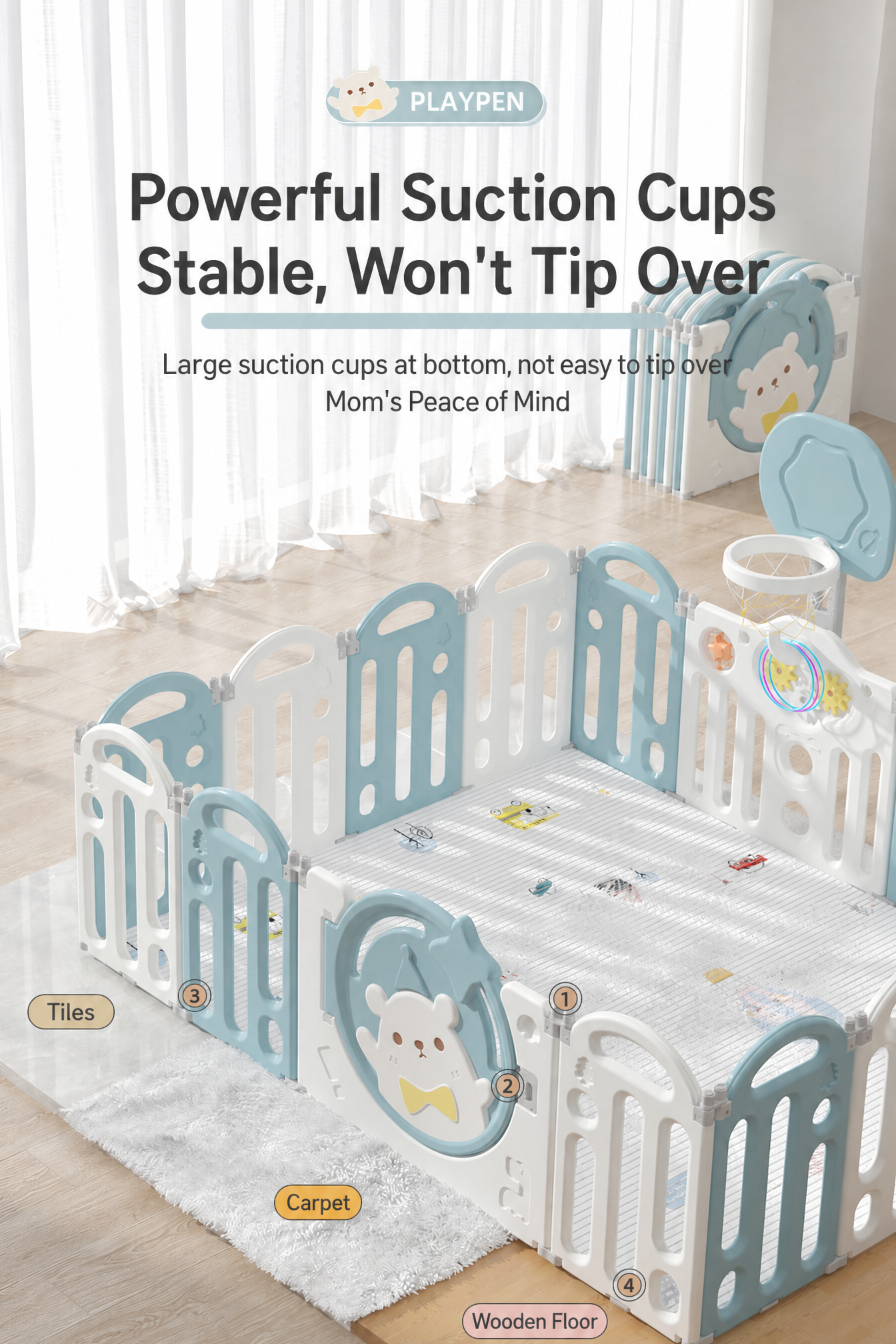 Happy Bear Foldable Baby Playpen & Safety Fence 12+2