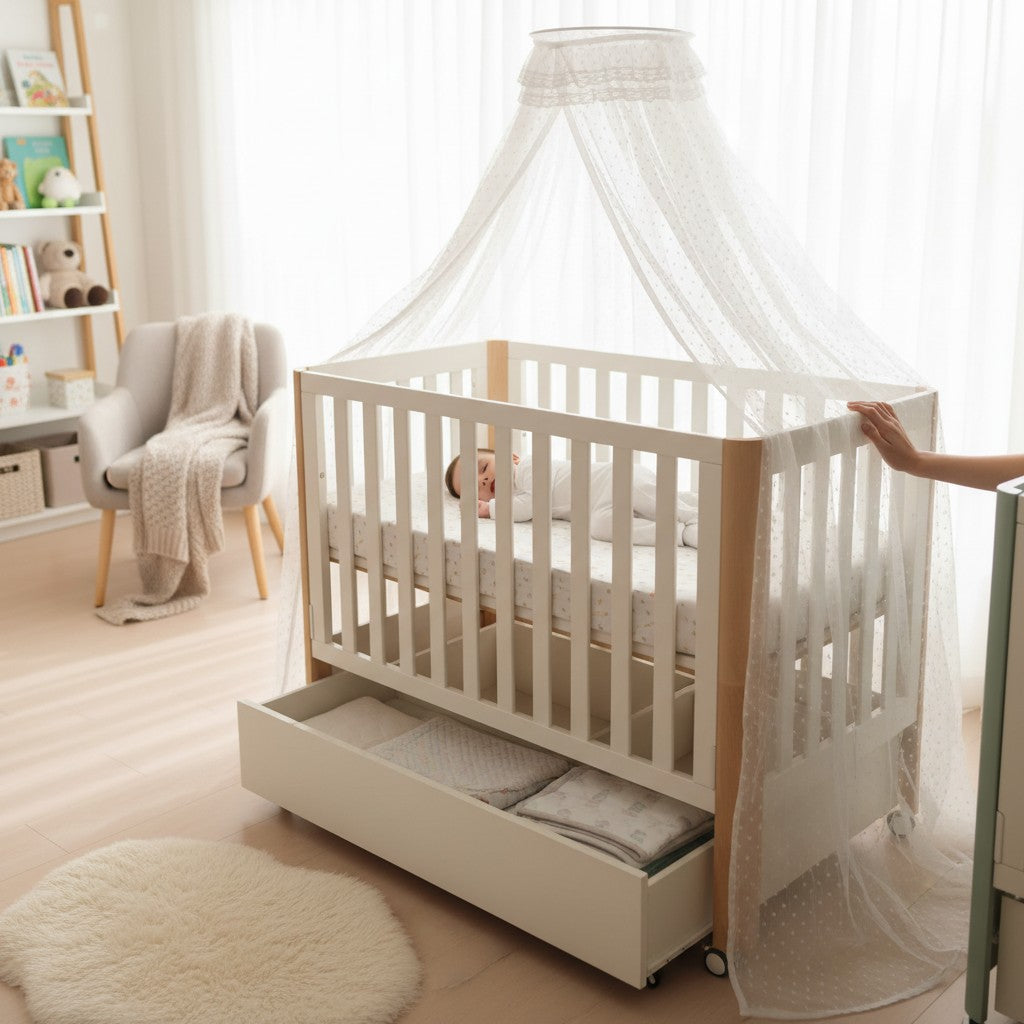 Wooden Fortune Baby Cot with Drawer 130cm x 70cm (Cream/Natural)