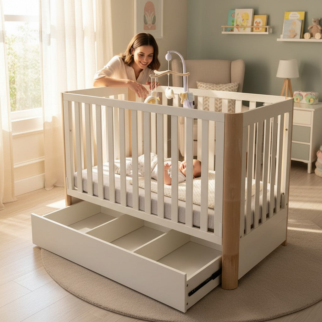 Wooden Fortune Baby Cot with Drawer 130cm x 70cm (Cream/Natural)