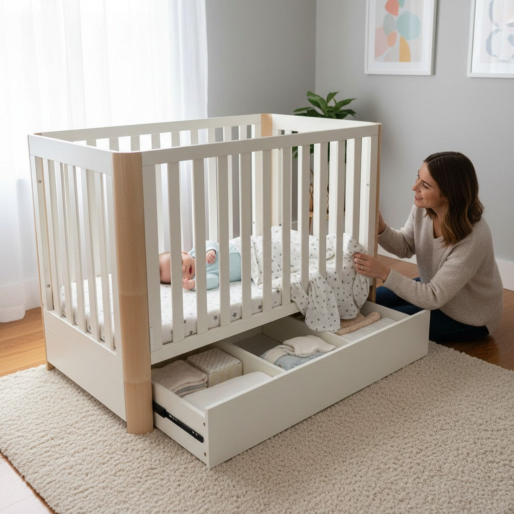 Wooden Fortune Baby Cot with Drawer 130cm x 70cm (Cream/Natural)