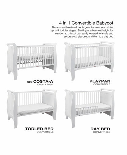 Costa 4-in-1 Convertible Baby Cot (White) 28 x 52 Inch (70 cm x 130cm)