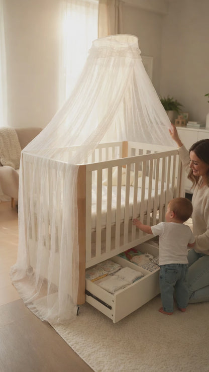 Wooden Fortune Baby Cot with Drawer 130cm x 70cm (Cream/Natural)